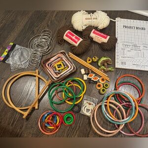 1970s Macramé Supply Lot • Lucite & Metal Rings, Cord, Beads, Rattan Handle